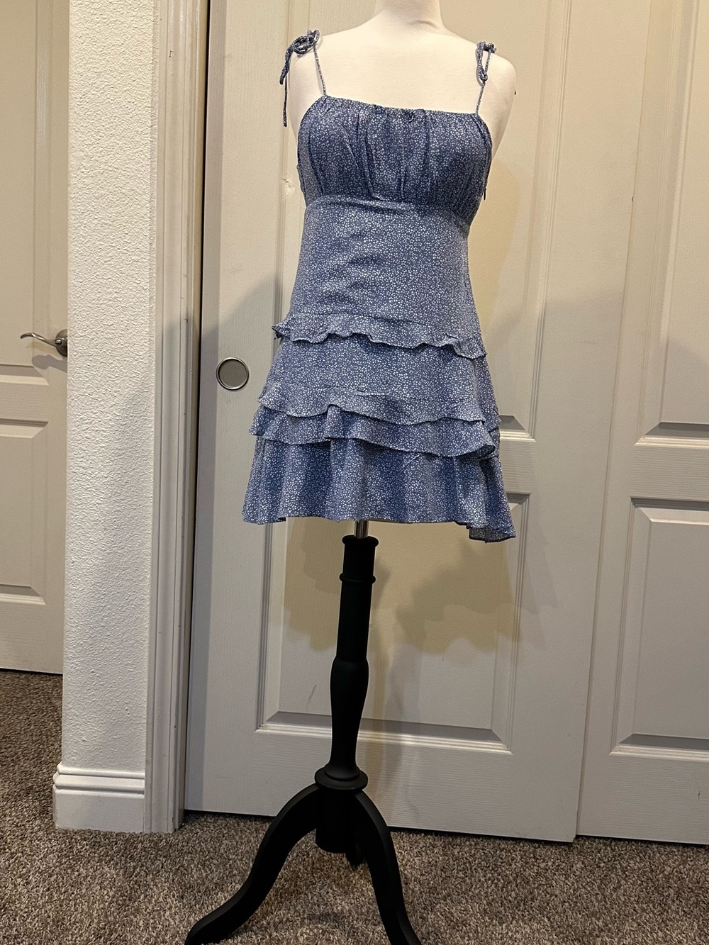 Blue Floral Tie-Strap Ruffle Tiered Mini Dress